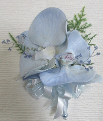 Pale Blue Orchid Corsage With Blue Gem Sprays, sale wedding corsage, budget corsages